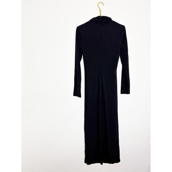 Zara Black Jersey High Neck Midi Dress Size Large Ruched Long Sleeve Minimalist - Picture 11 of 12